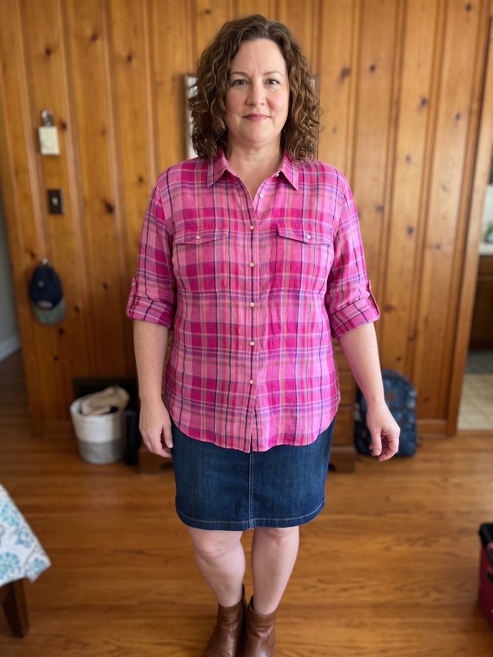 Lauren Ralph Lauren Pink Plaid 100% Linen Shirt Womens XL Roll Tab Sleeve Button